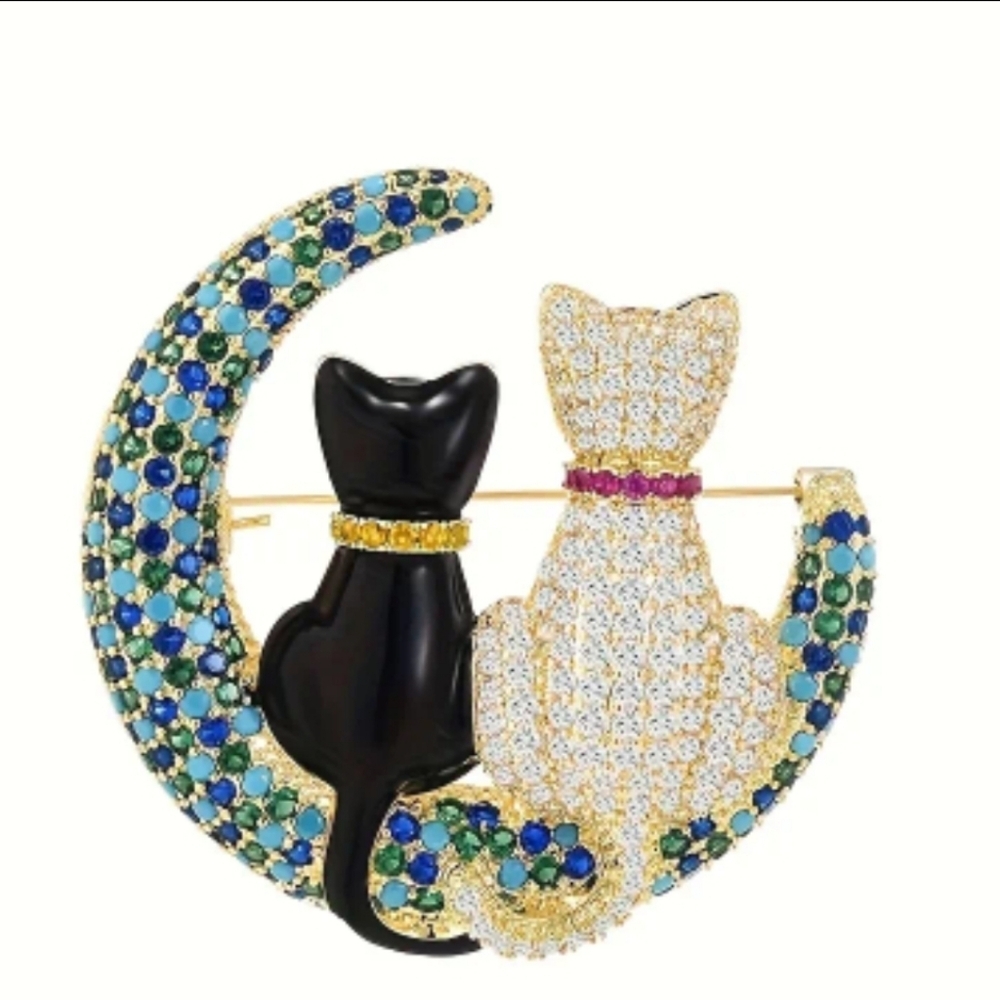 🆕️🌜🐈‍⬛ CATS & MOON RHINESTONE ENCRUSTED BROOCH / PIN 🐈‍⬛🌛